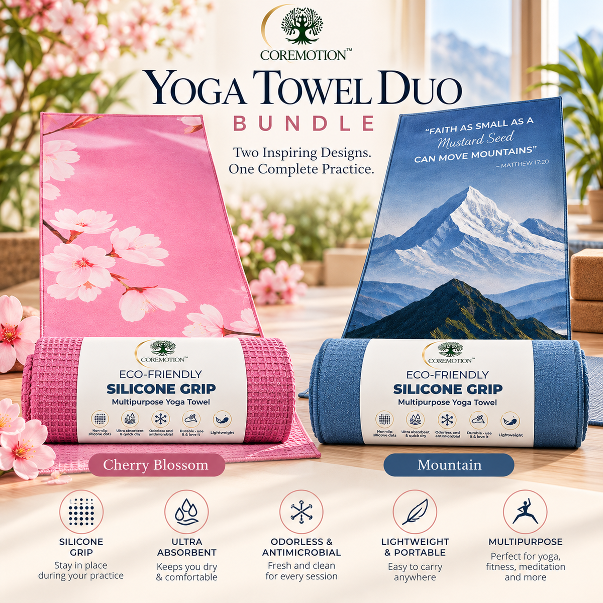 CoreMotion Yoga Towel Duo Bundle – Cherry Blossom & Mountain