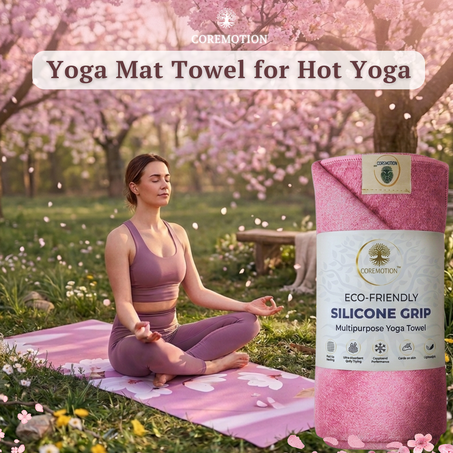 COREMOTION Non-Slip Hot Yoga Mat Towel (72" x 26.5") + FREE 60-Day Yoga Practice Journal (Pink)