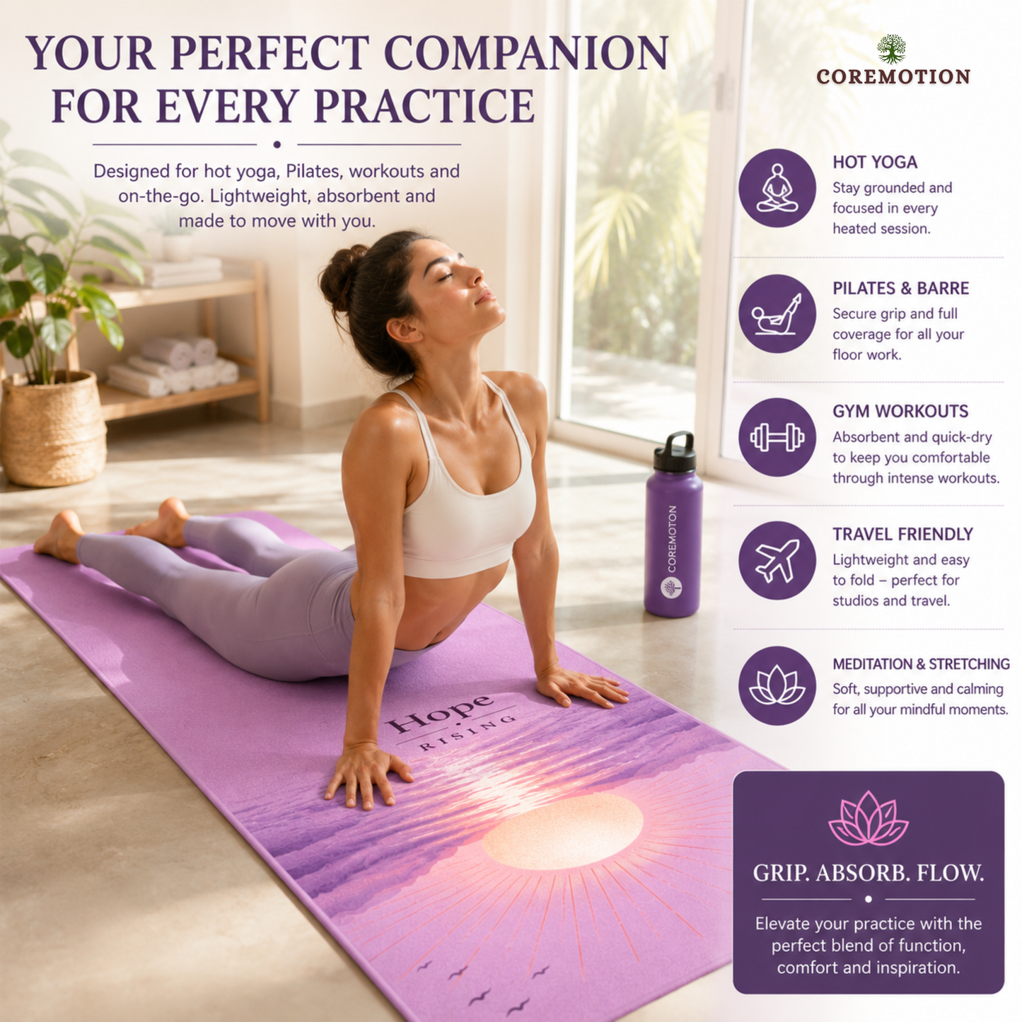 COREMOTION Hot Yoga Towel, Peace Within, Microfiber, 24" x 72", Super Absorbent, Anti-Slip, Waffle Material