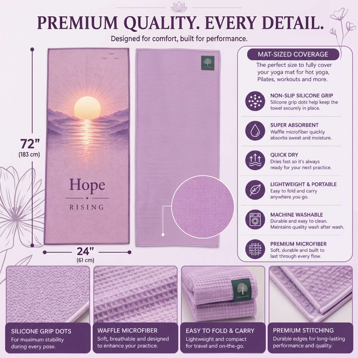 COREMOTION Hot Yoga Towel, Peace Within, Microfiber, 24" x 72", Super Absorbent, Anti-Slip, Waffle Material