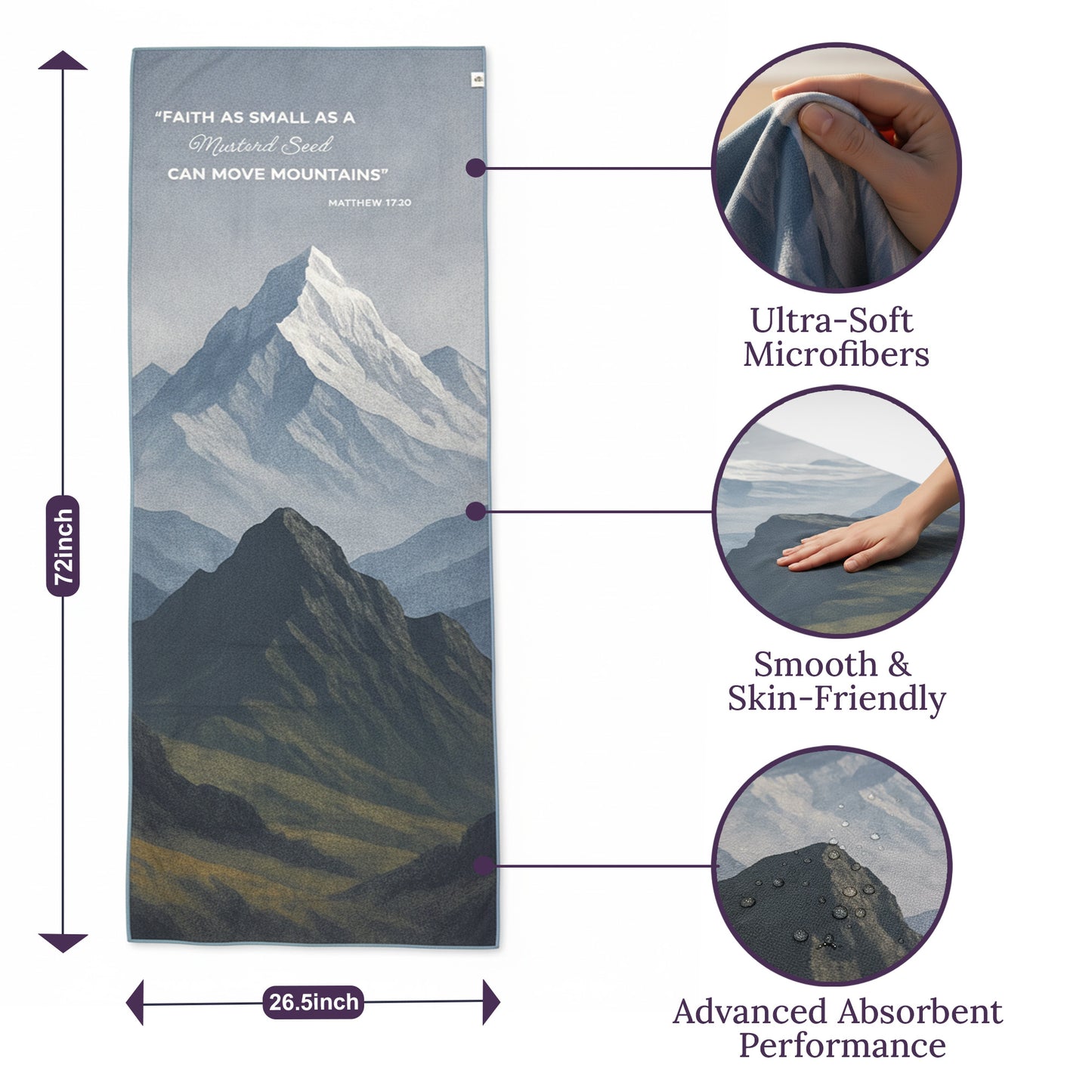 Mountain Non Slip Yoga Towel – Microfiber, Silicone Grip, (72"x 26.5")