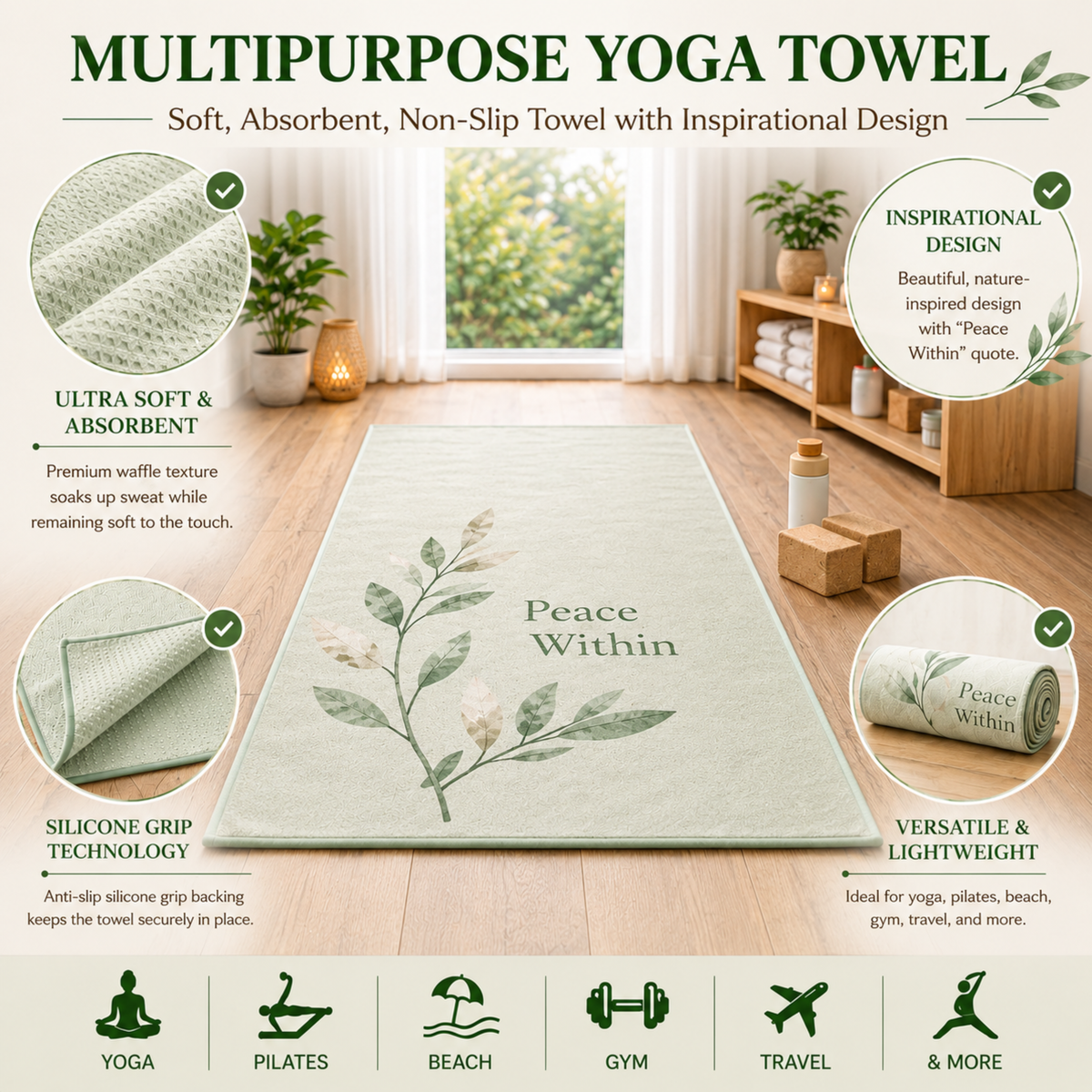 COREMOTION Hot Yoga Mat Towel, Peace Within, Microfiber, 24" x 72", Super Absorbent, Anti-Slip, Waffle Material