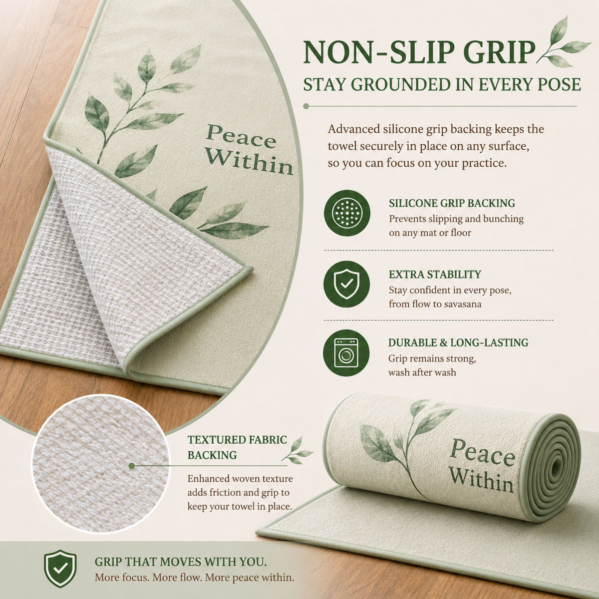 COREMOTION Hot Yoga Mat Towel, Peace Within, Microfiber, 24" x 72", Super Absorbent, Anti-Slip, Waffle Material