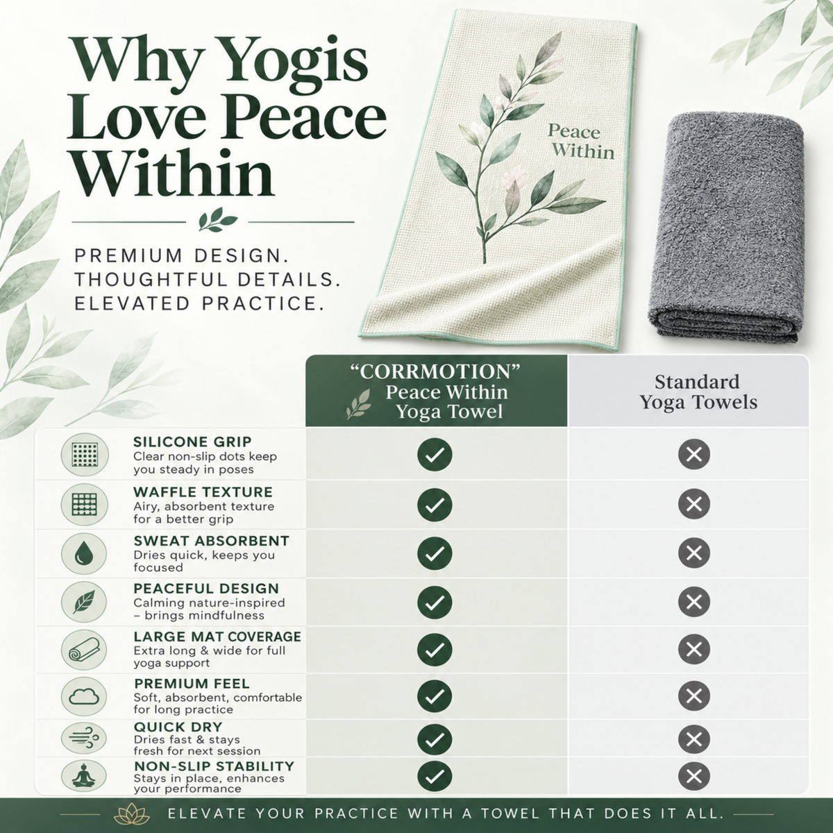 COREMOTION Hot Yoga Mat Towel, Peace Within, Microfiber, 24" x 72", Super Absorbent, Anti-Slip, Waffle Material