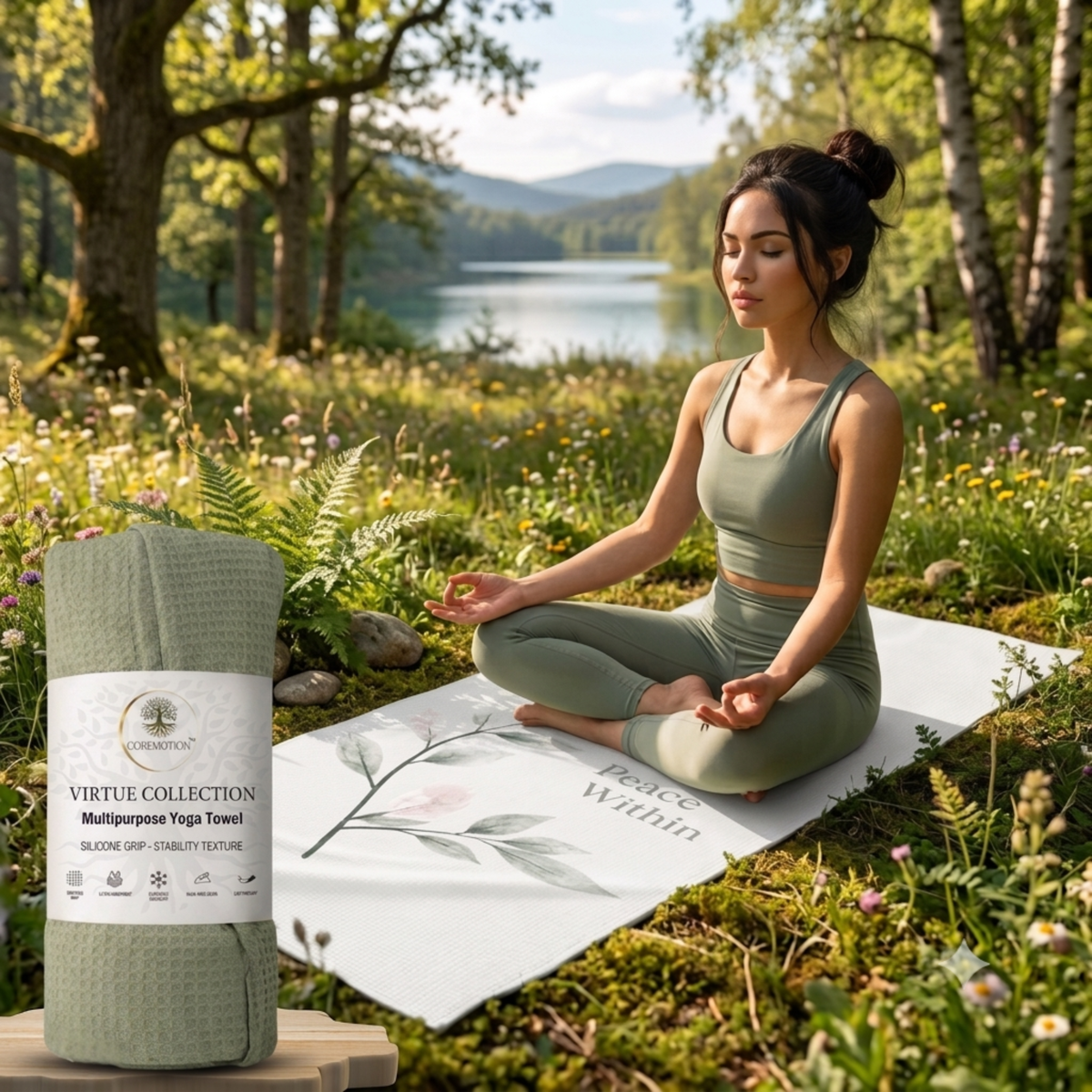 COREMOTION Hot Yoga Mat Towel, Peace Within, Microfiber, 24" x 72", Super Absorbent, Anti-Slip, Waffle Material