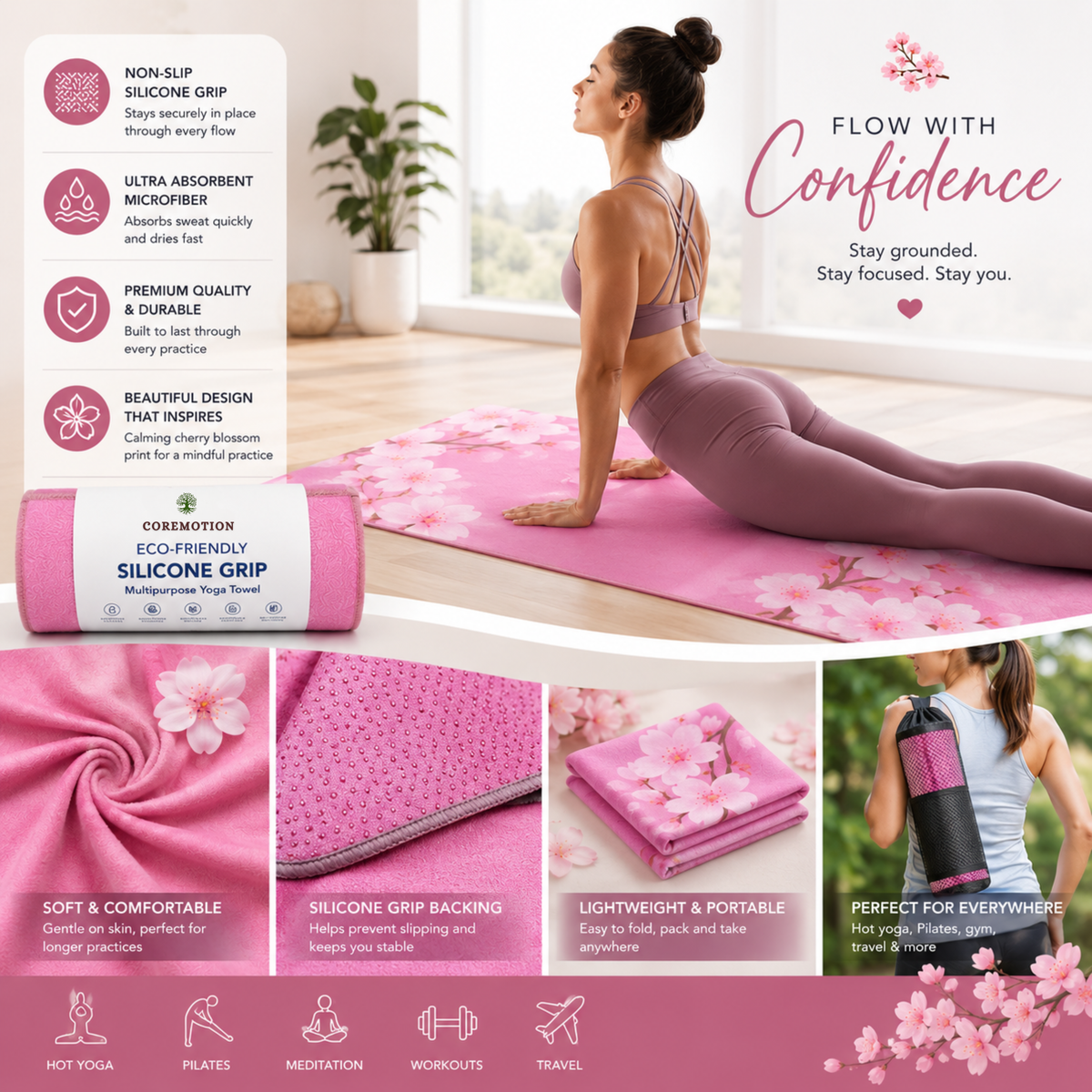 Yoga Mat Towel for Hot Yoga Non Slip (72"x26.5")