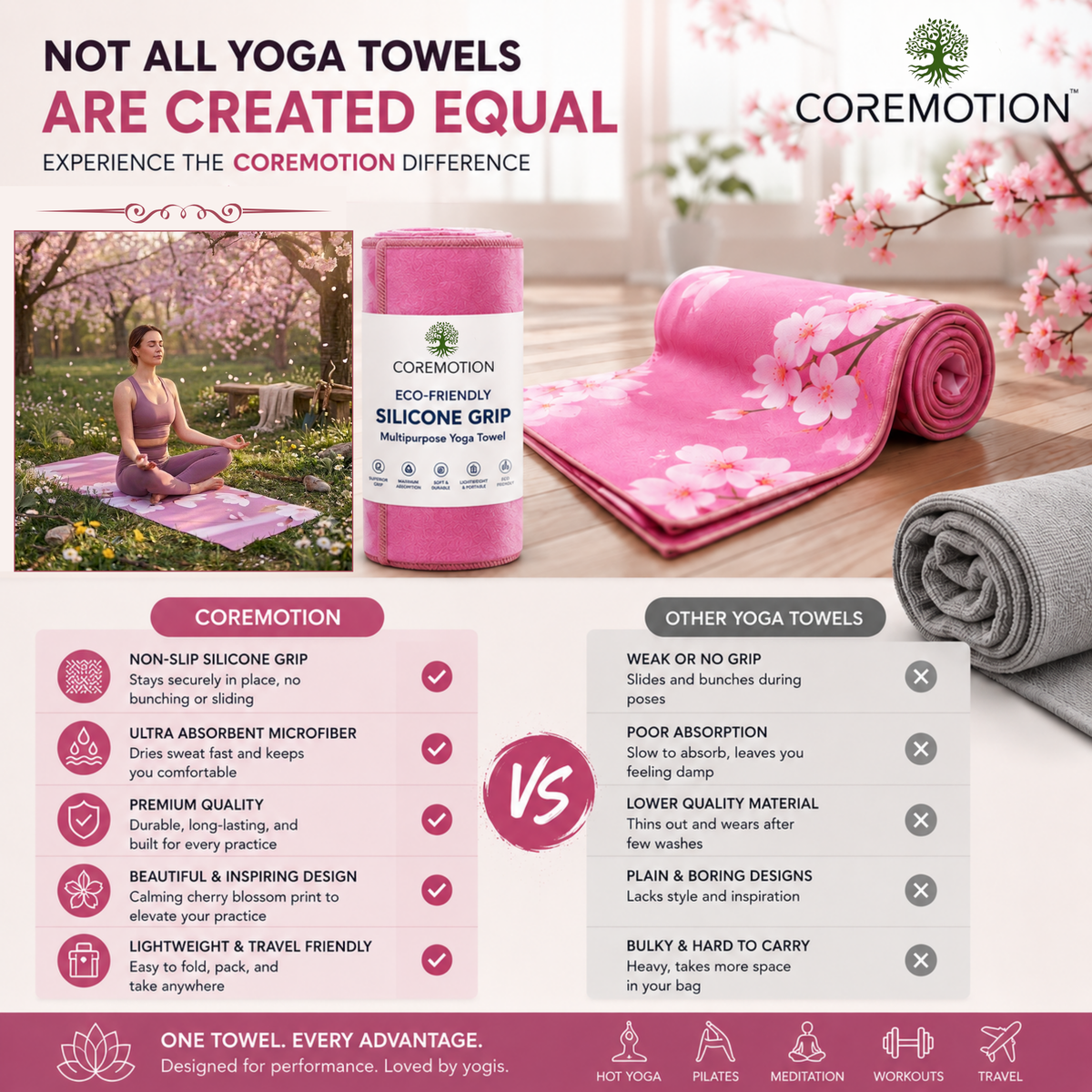 Yoga Mat Towel for Hot Yoga Non Slip (72"x26.5")