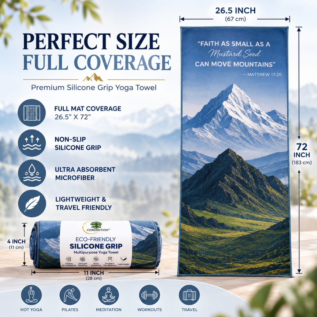 Pack of 2 - Mountain Non Slip Yoga Towel – Microfiber, Silicone Grip, (72"x26.5")