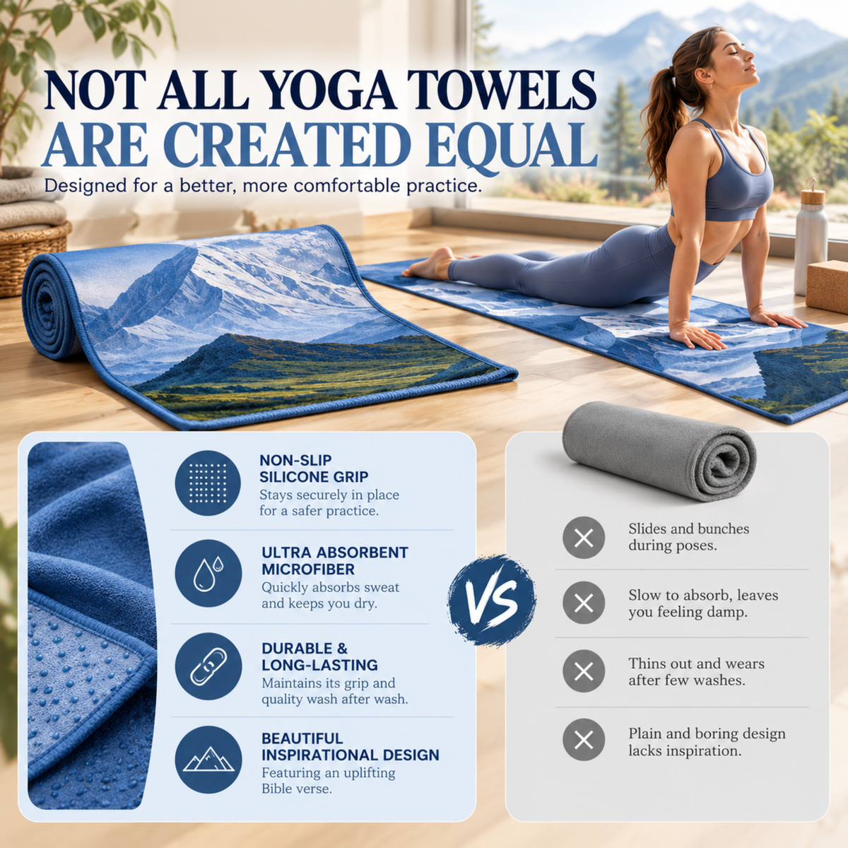 Pack of 2 - Mountain Non Slip Yoga Towel – Microfiber, Silicone Grip, (72"x26.5")