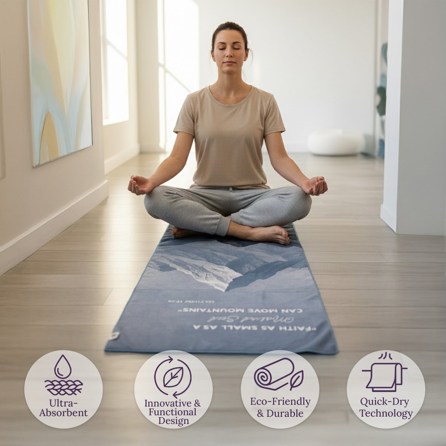 Mountain Non Slip Yoga Towel – Microfiber, Silicone Grip, (72"x 26.5")