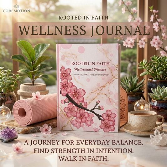 Wellness journal with cherry blossom design on a table with plants and a cup.