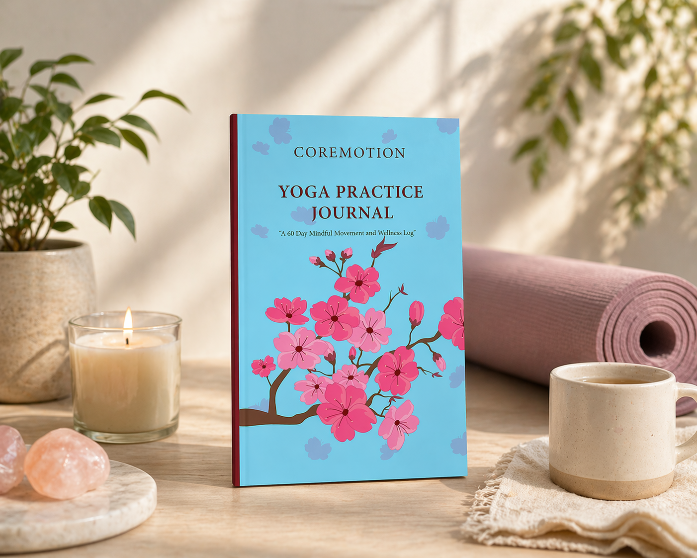 Yoga practice journal with cherry blossom design on a table with a candle, mug, and yoga mat.
