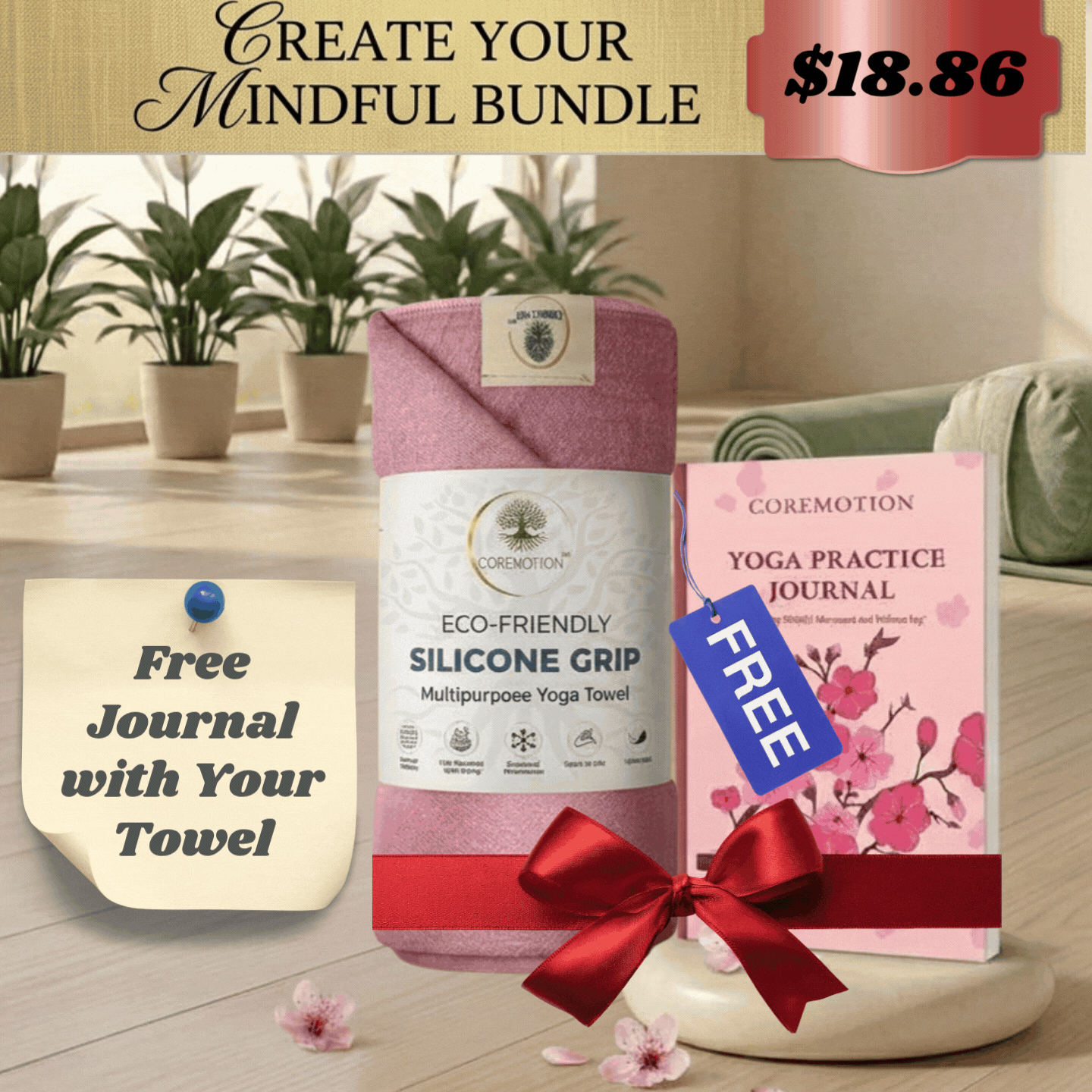 COREMOTION Non-Slip Hot Yoga Mat Towel (72" x 26.5") + FREE 60-Day Yoga Practice Journal (Pink)