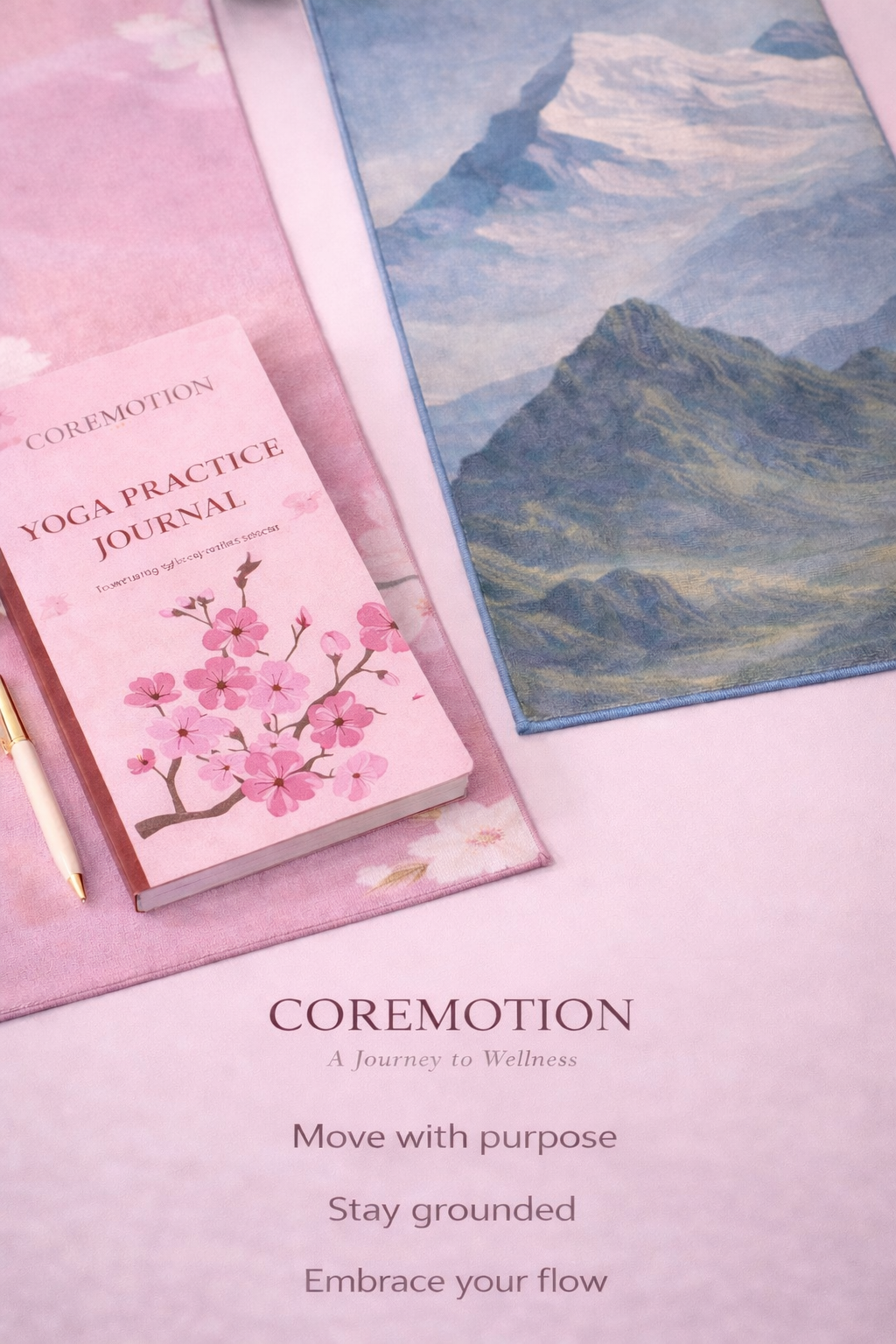 Pink yoga practice journal with cherry blossom design on a pink surface with a mountain painting.
