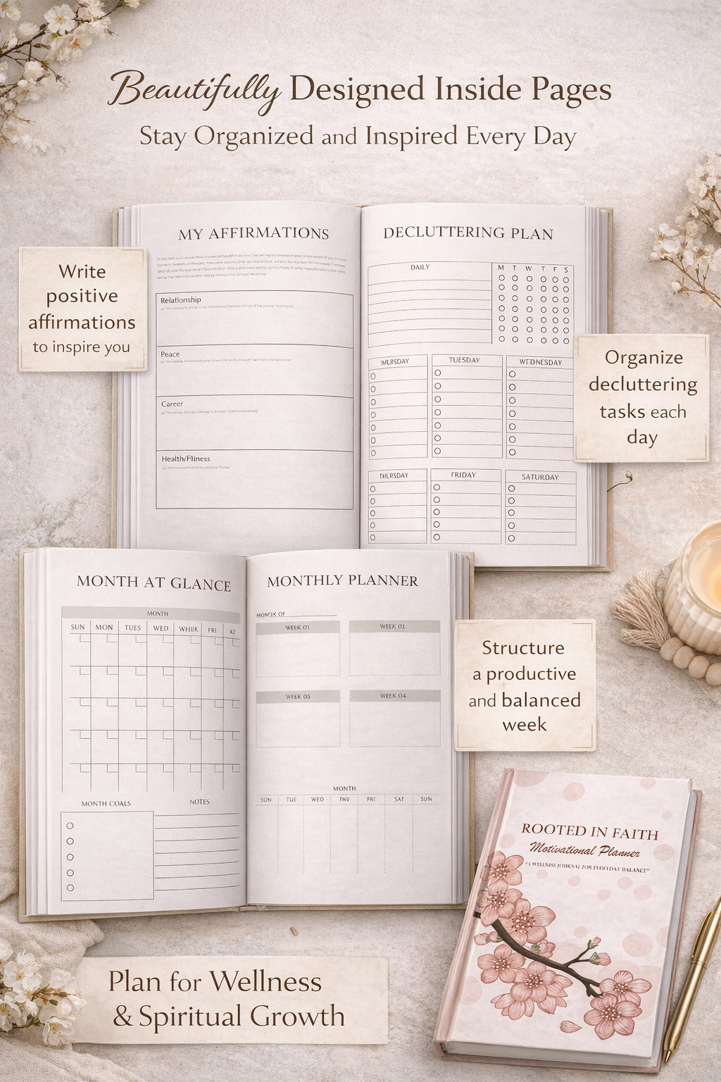 Planners and journals for organization and inspiration on a decorative background