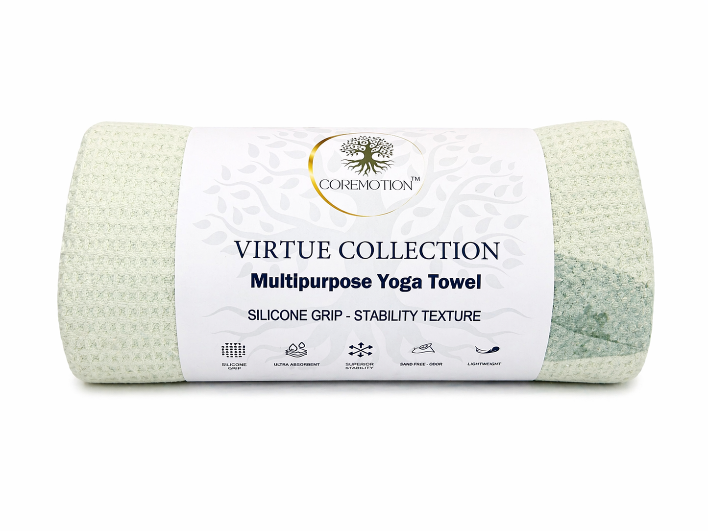 Rolled-up yoga towel with Coremotion label on a white background