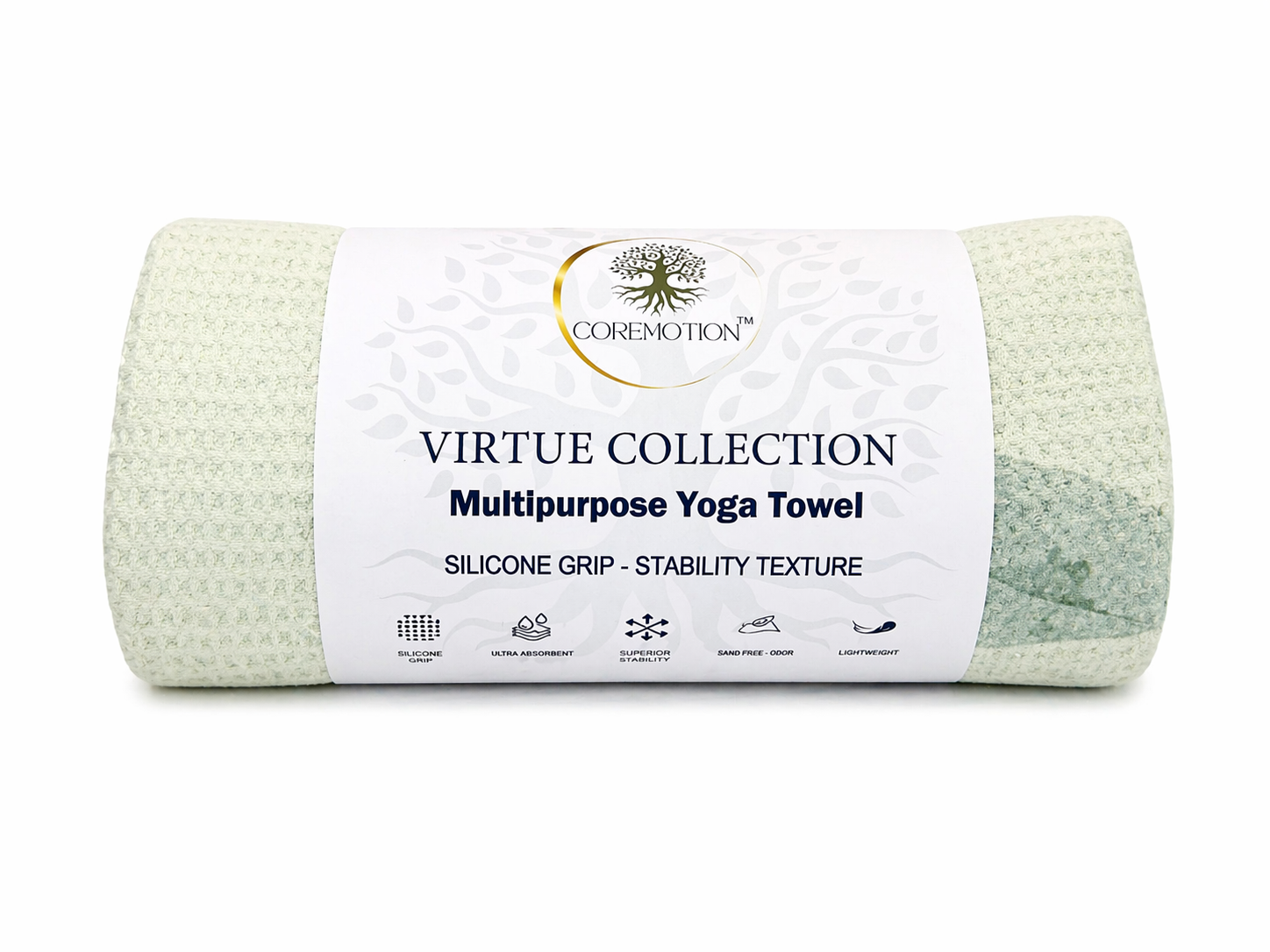 Rolled-up yoga towel with Coremotion label on a white background