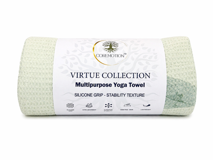 Rolled-up yoga towel with Coremotion label on a white background