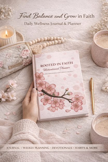 Wellness journal with cherry blossom design on a table with coffee and flowers