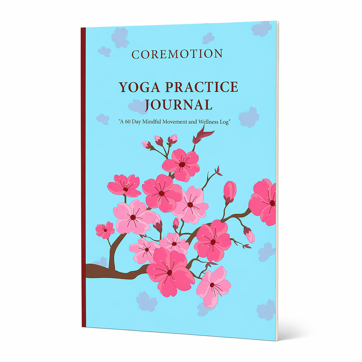 Yoga practice journal with cherry blossom design on a light blue background