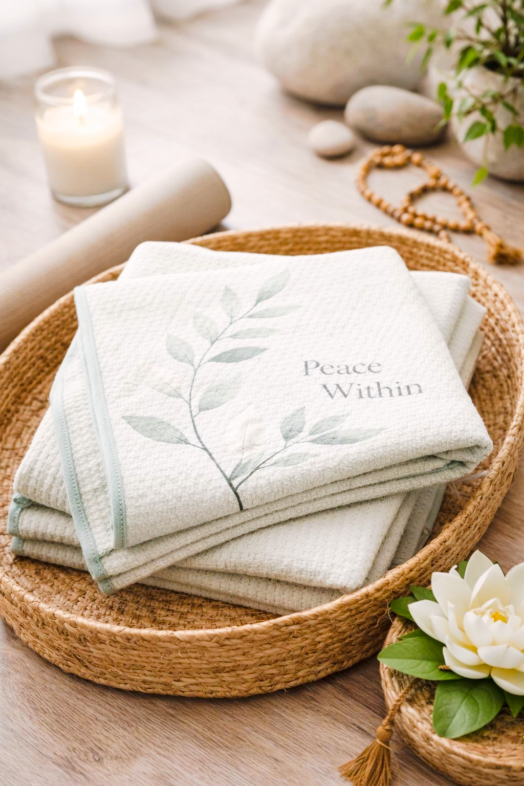 Stack of folded towels with 'Peace Within' text in a woven basket on a wooden surface.