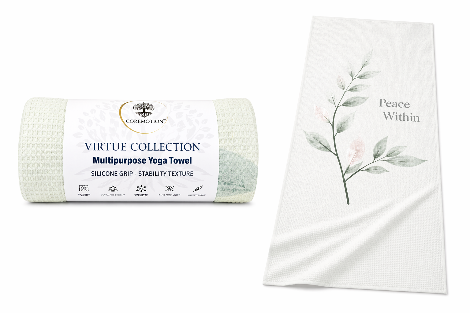 Yoga towel with Core Motion branding and a folded piece of fabric with 'Peace Within' text and floral design.