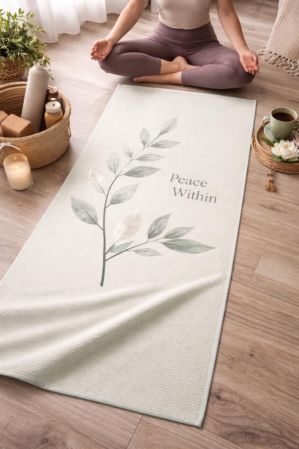 Yoga mat with leaf design and 'Peace Within' text on a wooden floor.