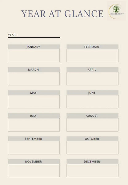 Annual planner with yearly overview and goal-setting journal
