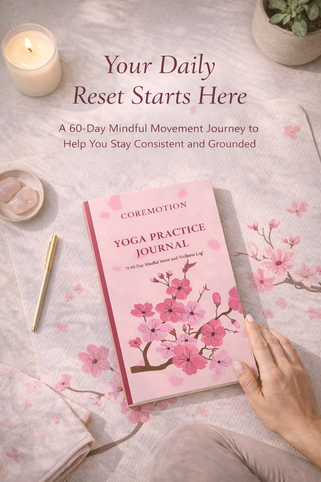 Yoga practice journal with cherry blossom design on a soft surface with a candle and plant.