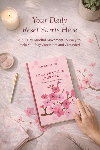 Yoga practice journal with cherry blossom design on a soft surface with a candle and plant.